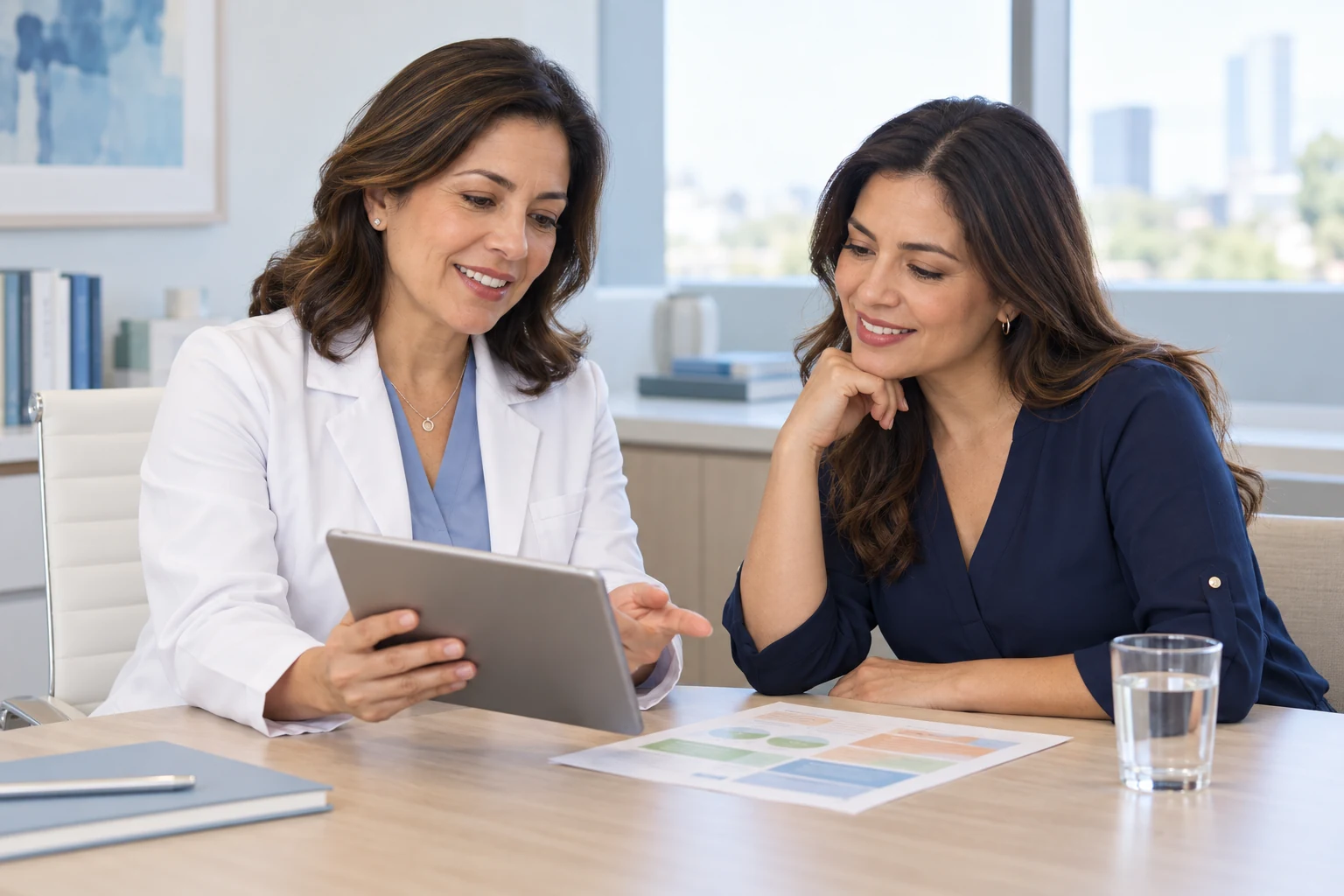 Médica y paciente revisando información durante una consulta